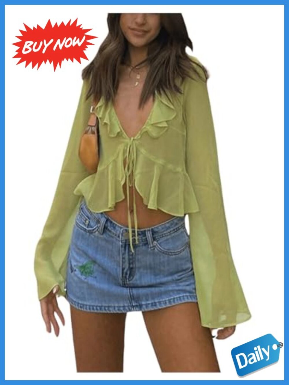 Women's Sheer Chiffon Tie Front Ruffle Blouse Cropped